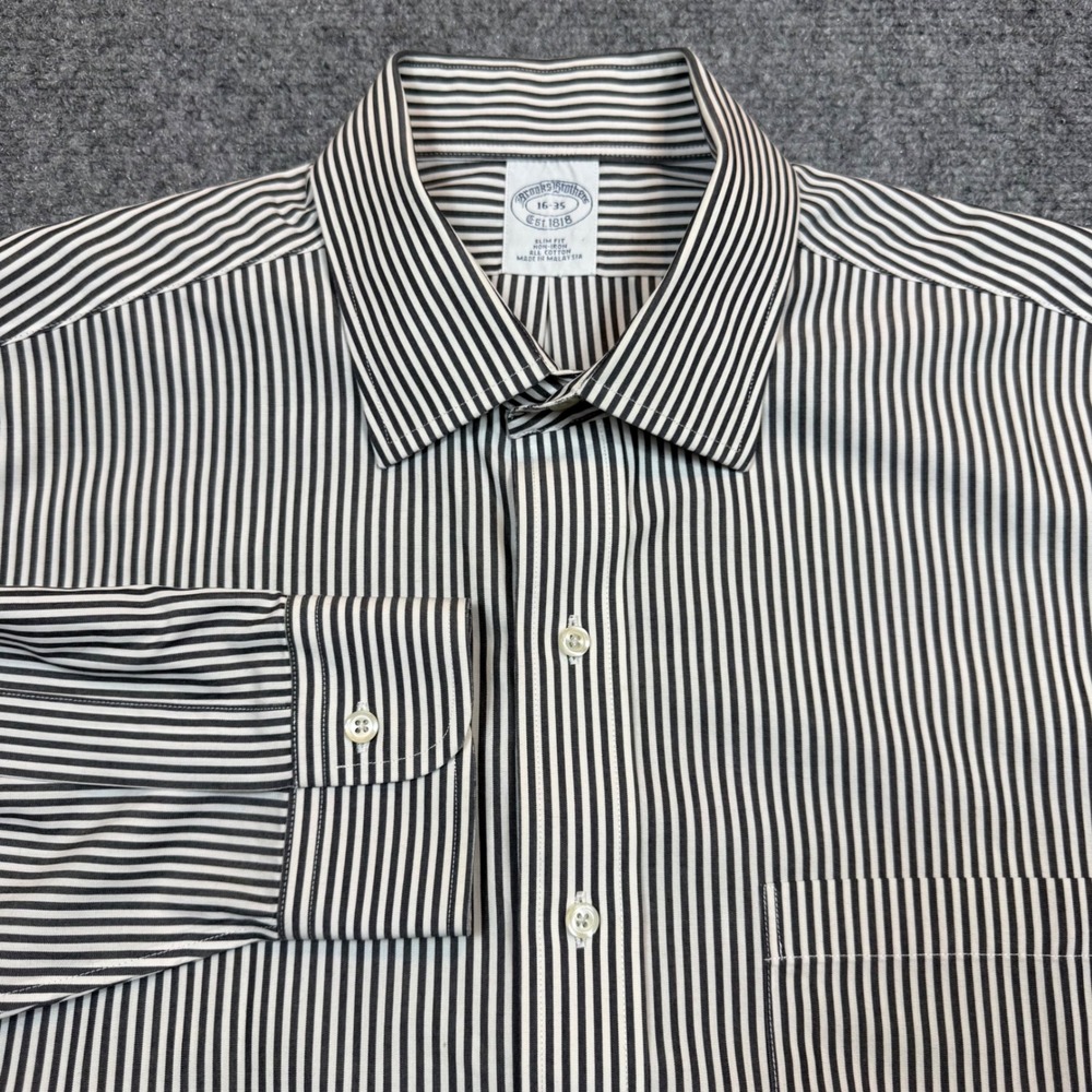 Brooks Brothers Mens 16 35 Slim Fit Non-Iron Striped Dress Shirt Black White